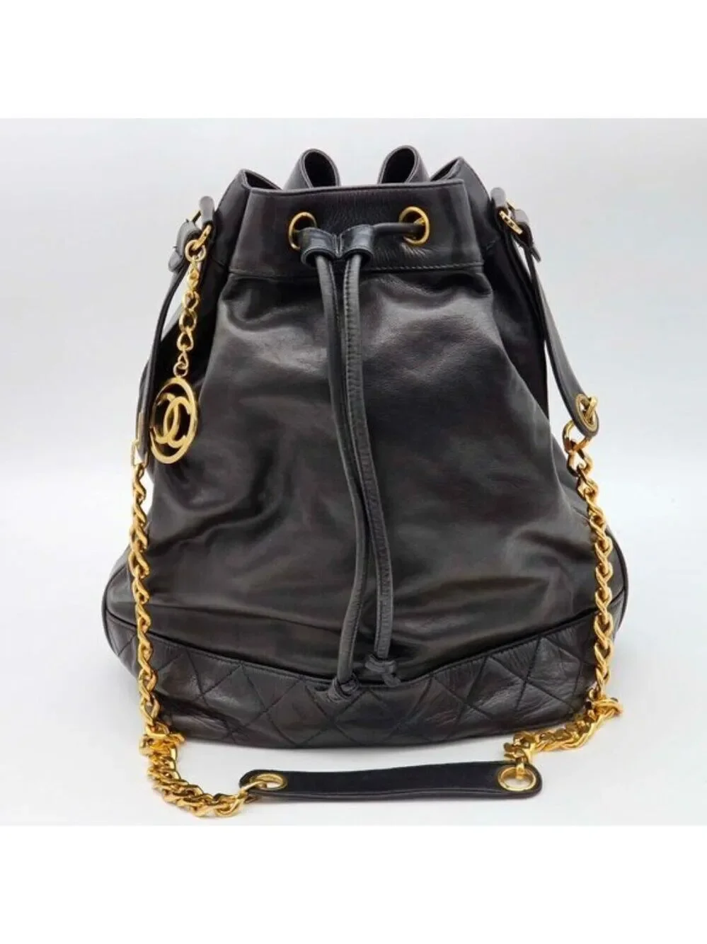 Authentic Chanel Drawstring Bucket Bag Black Leather Gold Chain CC Logo